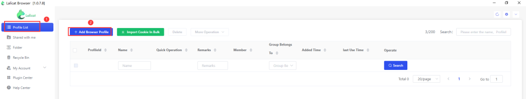 Create a new Lalicat browser profile