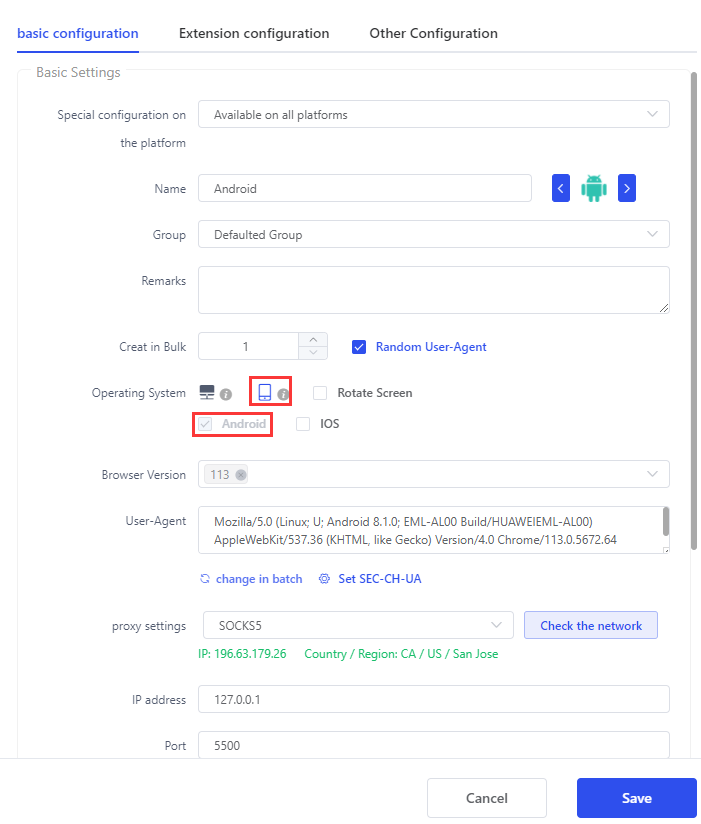 select browser version, user-agent, and set up proxy